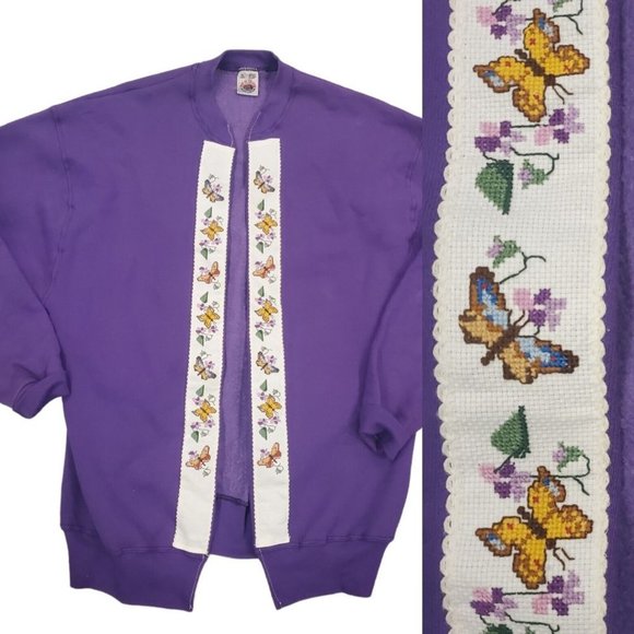 Vintage 90s Purple Granny Core Open Cardigan Sweatshirt Purple Butterflies XL - Picture 1 of 10